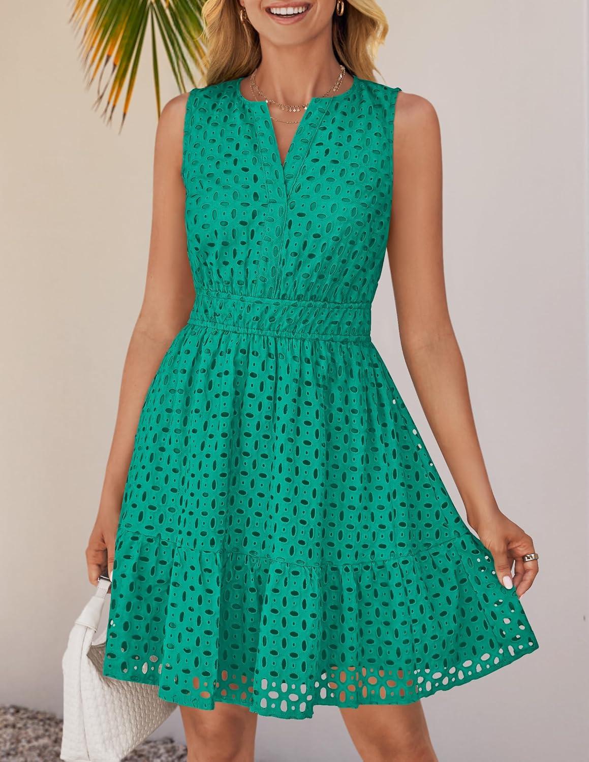 imageZESICA Womens Summer Sleeveless Mini Dress V Neck Hollow Out Eyelet Flowy A Line Beach Vacation Party Short DressesGreen