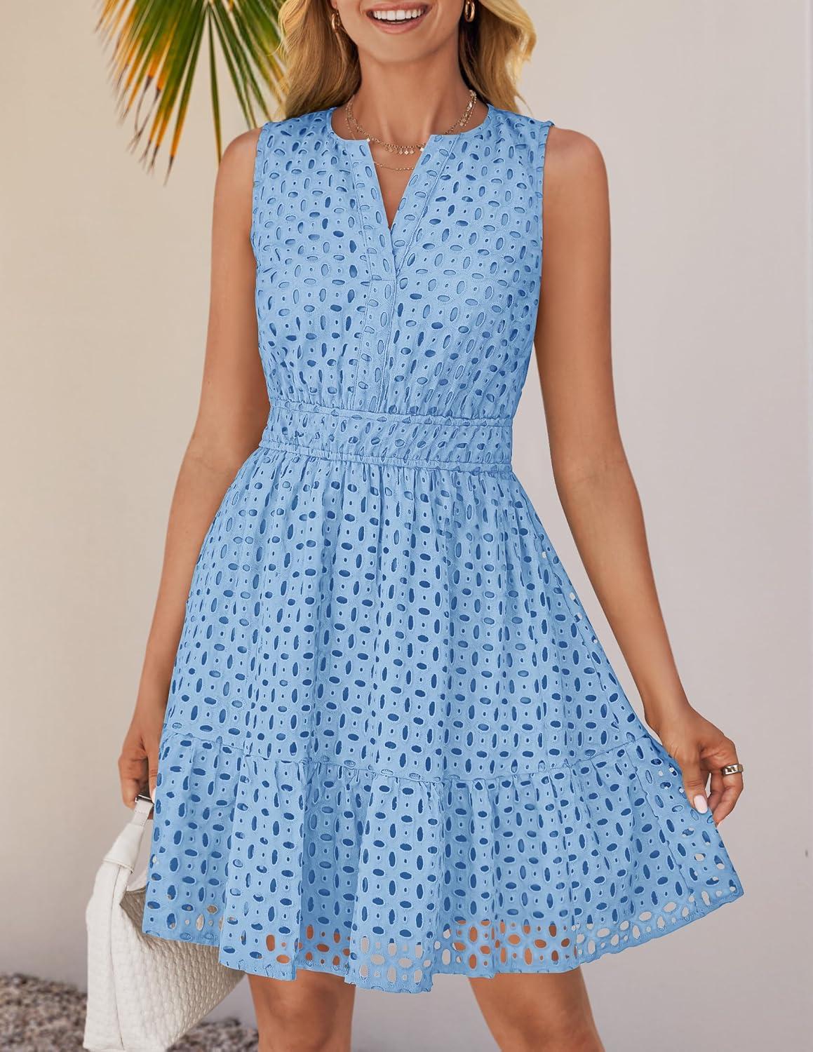 imageZESICA Womens Summer Sleeveless Mini Dress V Neck Hollow Out Eyelet Flowy A Line Beach Vacation Party Short DressesLightblue