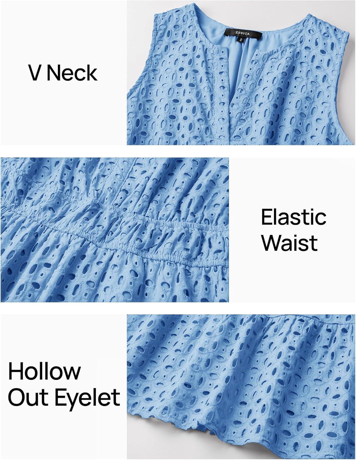 imageZESICA Womens Summer Sleeveless Mini Dress V Neck Hollow Out Eyelet Flowy A Line Beach Vacation Party Short DressesLightblue