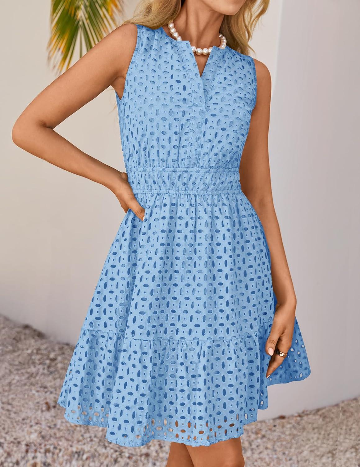imageZESICA Womens Summer Sleeveless Mini Dress V Neck Hollow Out Eyelet Flowy A Line Beach Vacation Party Short DressesLightblue