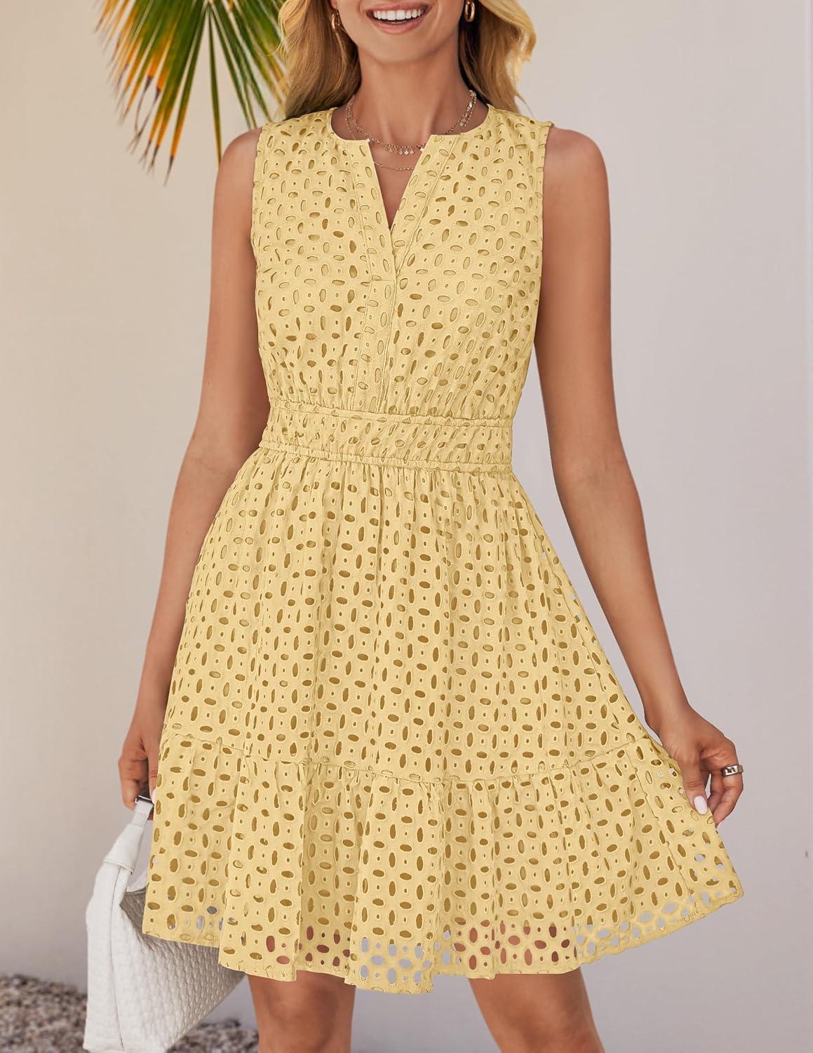 imageZESICA Womens Summer Sleeveless Mini Dress V Neck Hollow Out Eyelet Flowy A Line Beach Vacation Party Short DressesLightyellow