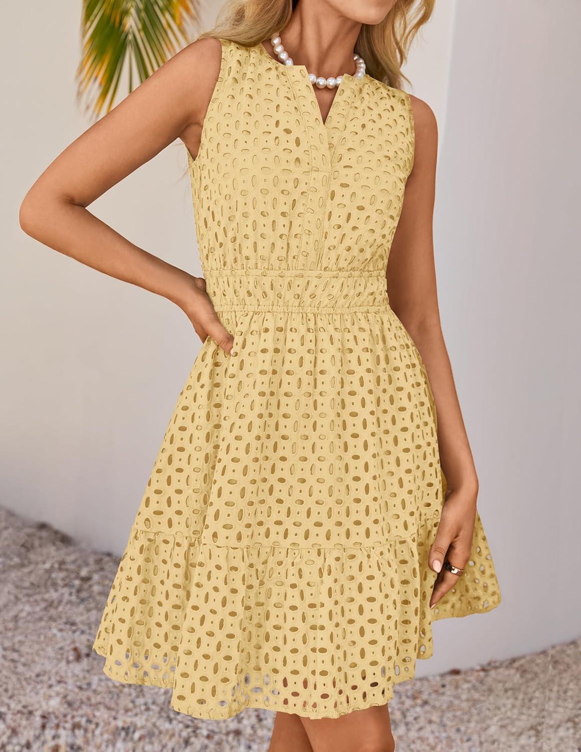 imageZESICA Womens Summer Sleeveless Mini Dress V Neck Hollow Out Eyelet Flowy A Line Beach Vacation Party Short DressesLightyellow