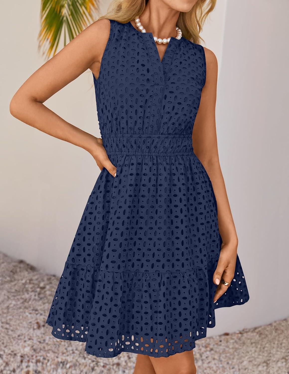 imageZESICA Womens Summer Sleeveless Mini Dress V Neck Hollow Out Eyelet Flowy A Line Beach Vacation Party Short DressesNavy