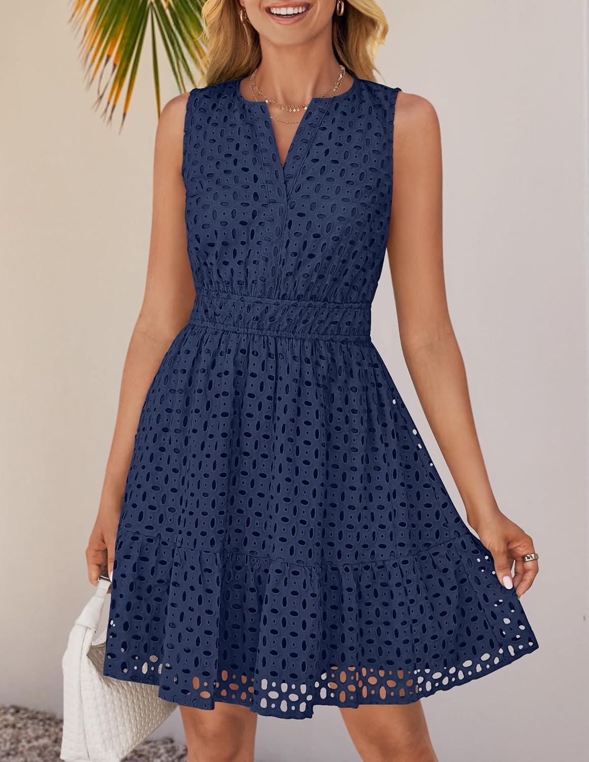imageZESICA Womens Summer Sleeveless Mini Dress V Neck Hollow Out Eyelet Flowy A Line Beach Vacation Party Short DressesNavy