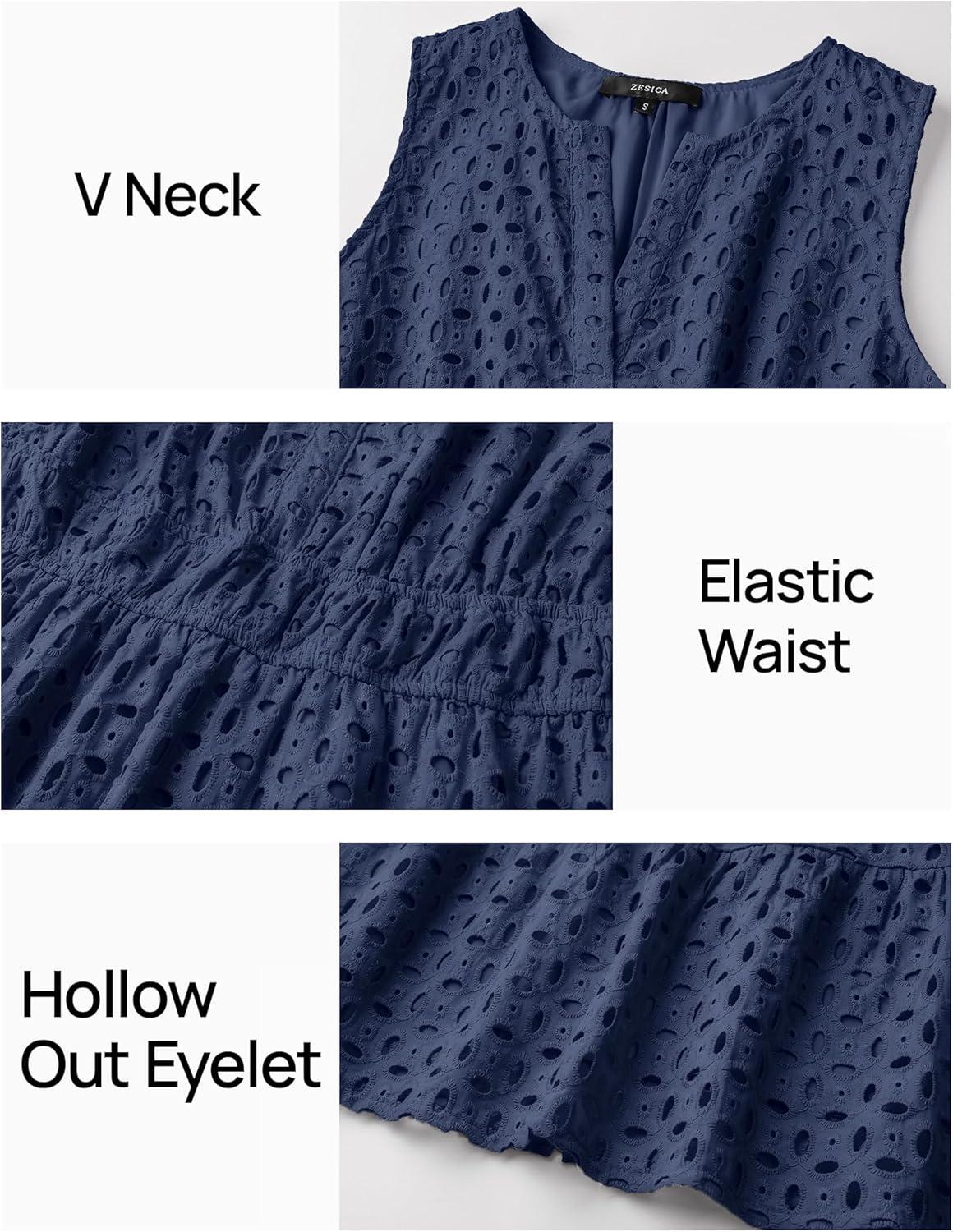 imageZESICA Womens Summer Sleeveless Mini Dress V Neck Hollow Out Eyelet Flowy A Line Beach Vacation Party Short DressesNavy