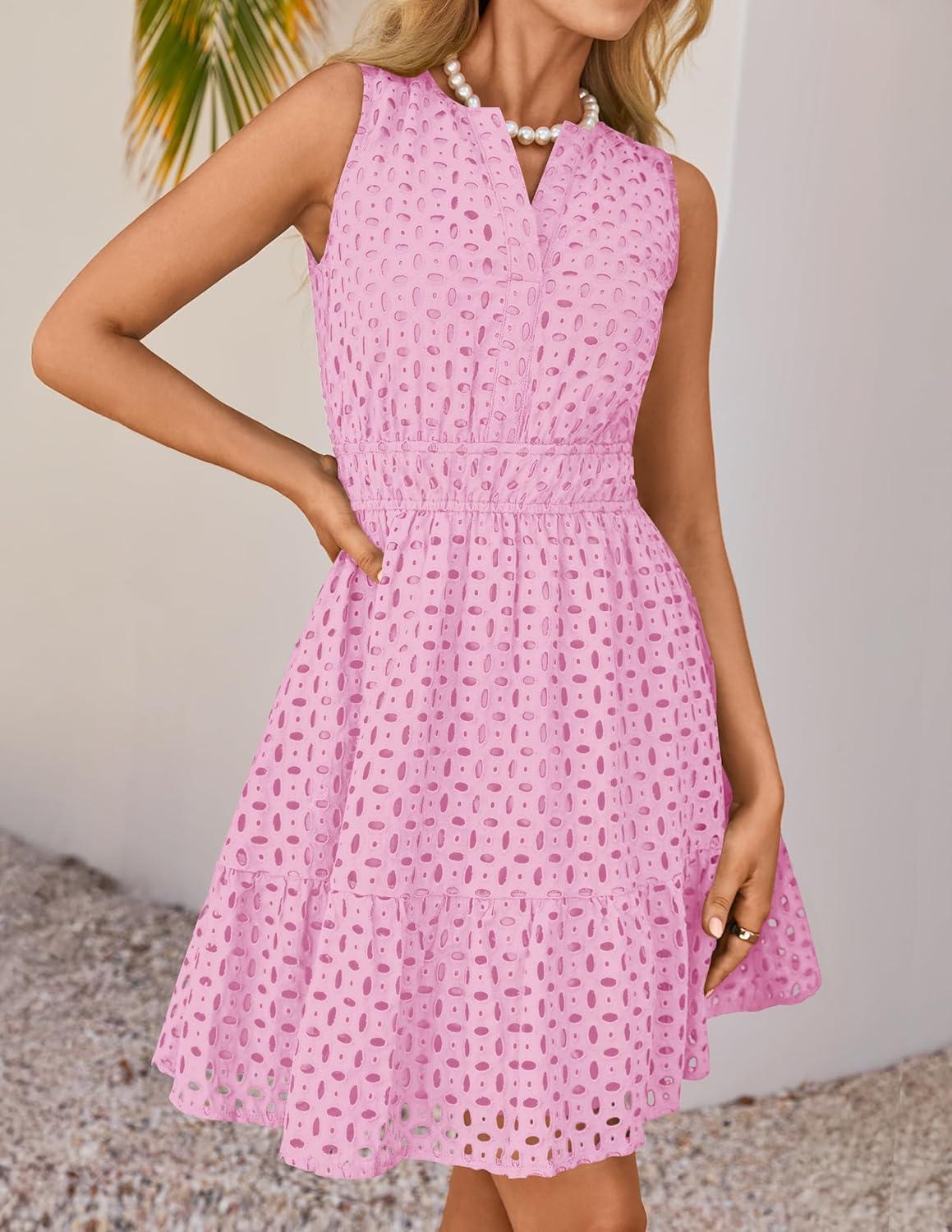 imageZESICA Womens Summer Sleeveless Mini Dress V Neck Hollow Out Eyelet Flowy A Line Beach Vacation Party Short DressesPink