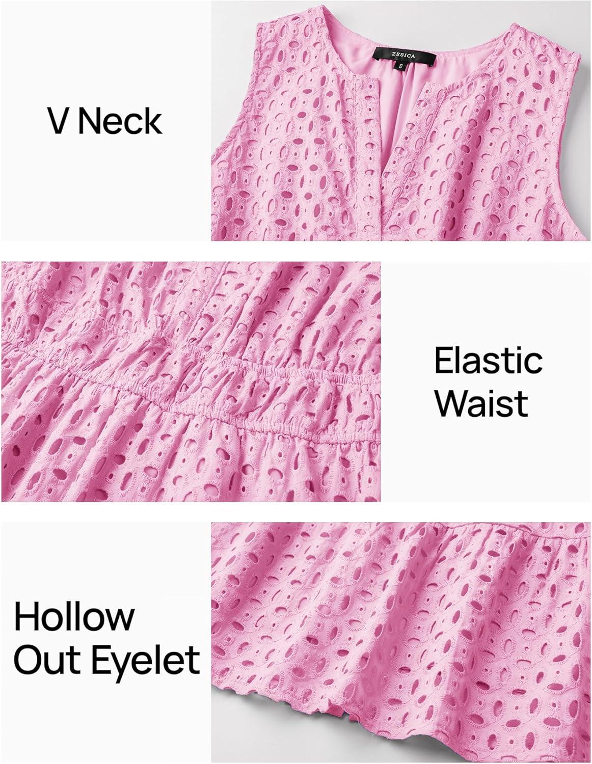 imageZESICA Womens Summer Sleeveless Mini Dress V Neck Hollow Out Eyelet Flowy A Line Beach Vacation Party Short DressesPink