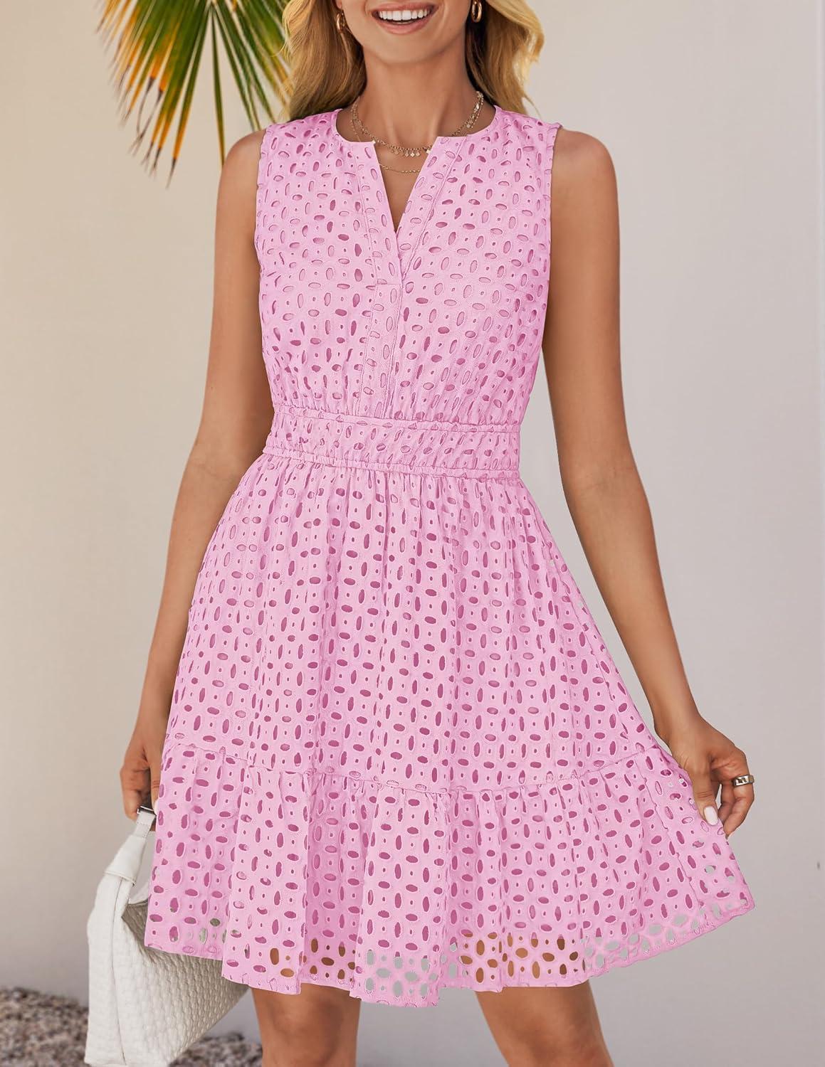imageZESICA Womens Summer Sleeveless Mini Dress V Neck Hollow Out Eyelet Flowy A Line Beach Vacation Party Short DressesPink