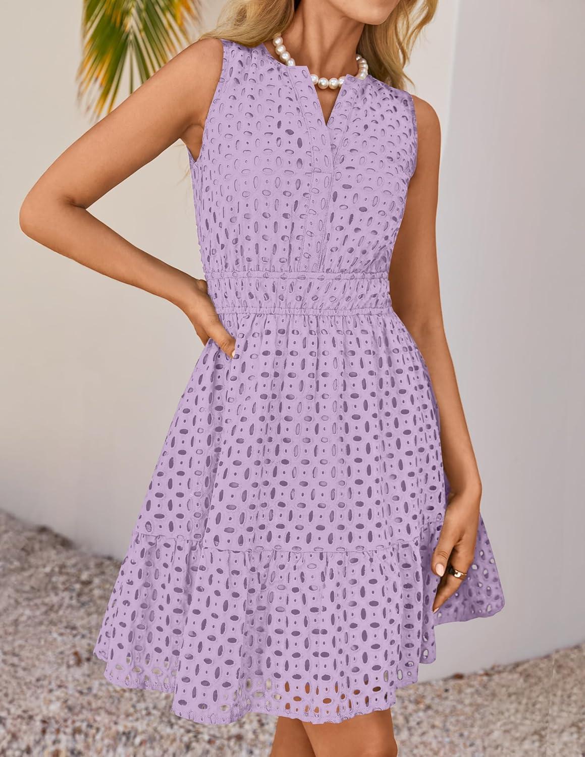 imageZESICA Womens Summer Sleeveless Mini Dress V Neck Hollow Out Eyelet Flowy A Line Beach Vacation Party Short DressesPurple