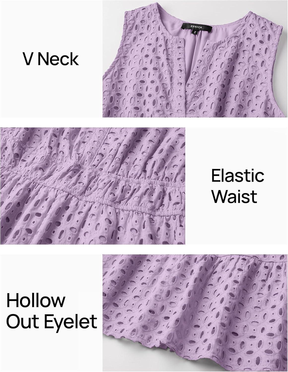 imageZESICA Womens Summer Sleeveless Mini Dress V Neck Hollow Out Eyelet Flowy A Line Beach Vacation Party Short DressesPurple