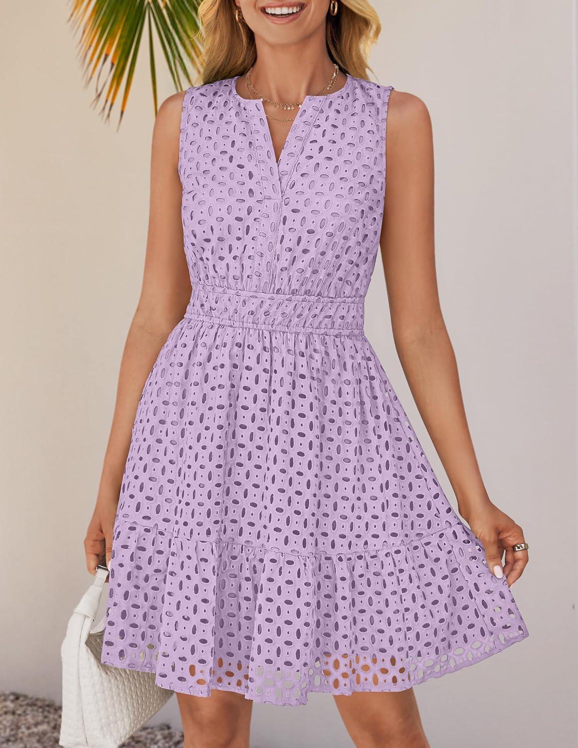 imageZESICA Womens Summer Sleeveless Mini Dress V Neck Hollow Out Eyelet Flowy A Line Beach Vacation Party Short DressesPurple
