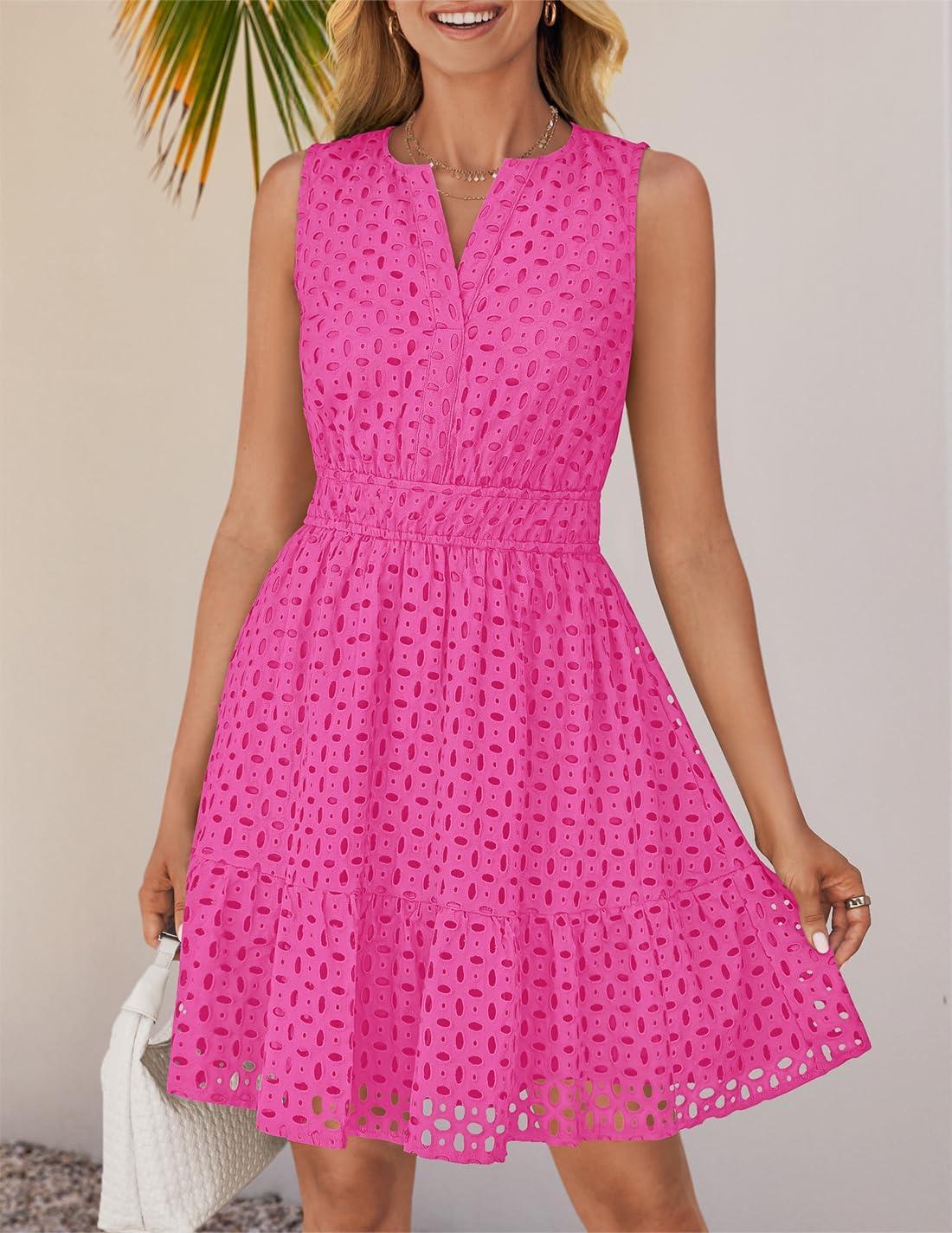 imageZESICA Womens Summer Sleeveless Mini Dress V Neck Hollow Out Eyelet Flowy A Line Beach Vacation Party Short DressesRose