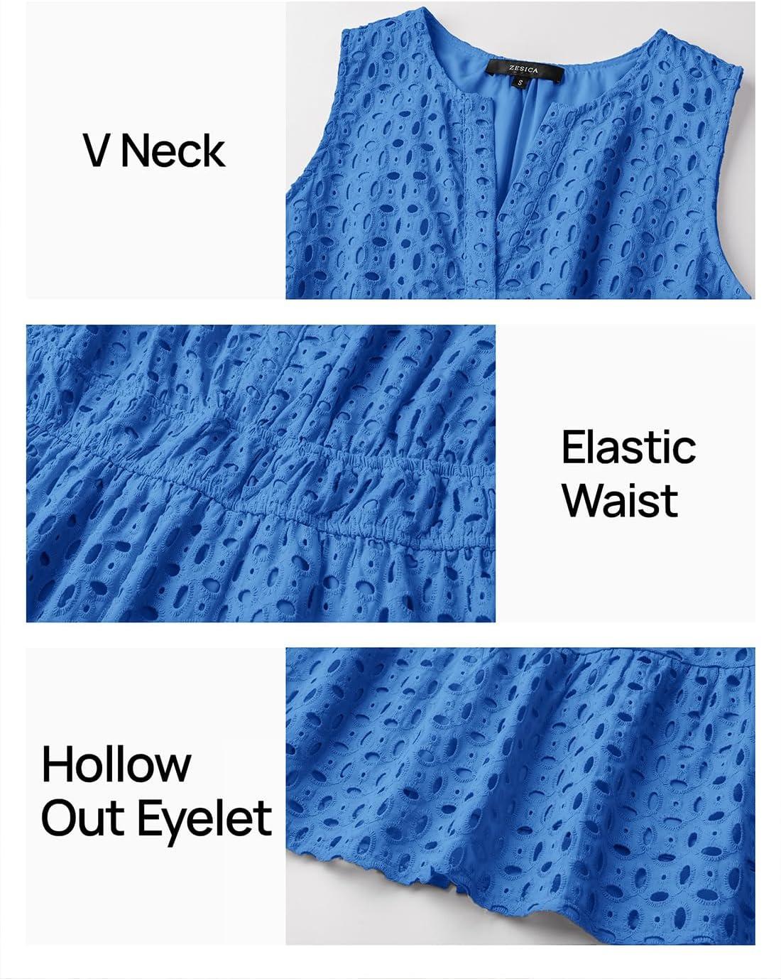 imageZESICA Womens Summer Sleeveless Mini Dress V Neck Hollow Out Eyelet Flowy A Line Beach Vacation Party Short DressesRoyal Blue