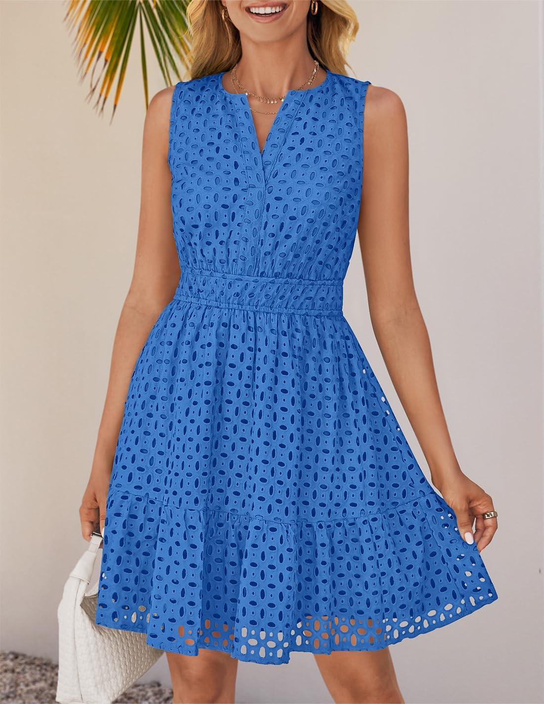 imageZESICA Womens Summer Sleeveless Mini Dress V Neck Hollow Out Eyelet Flowy A Line Beach Vacation Party Short DressesRoyal Blue