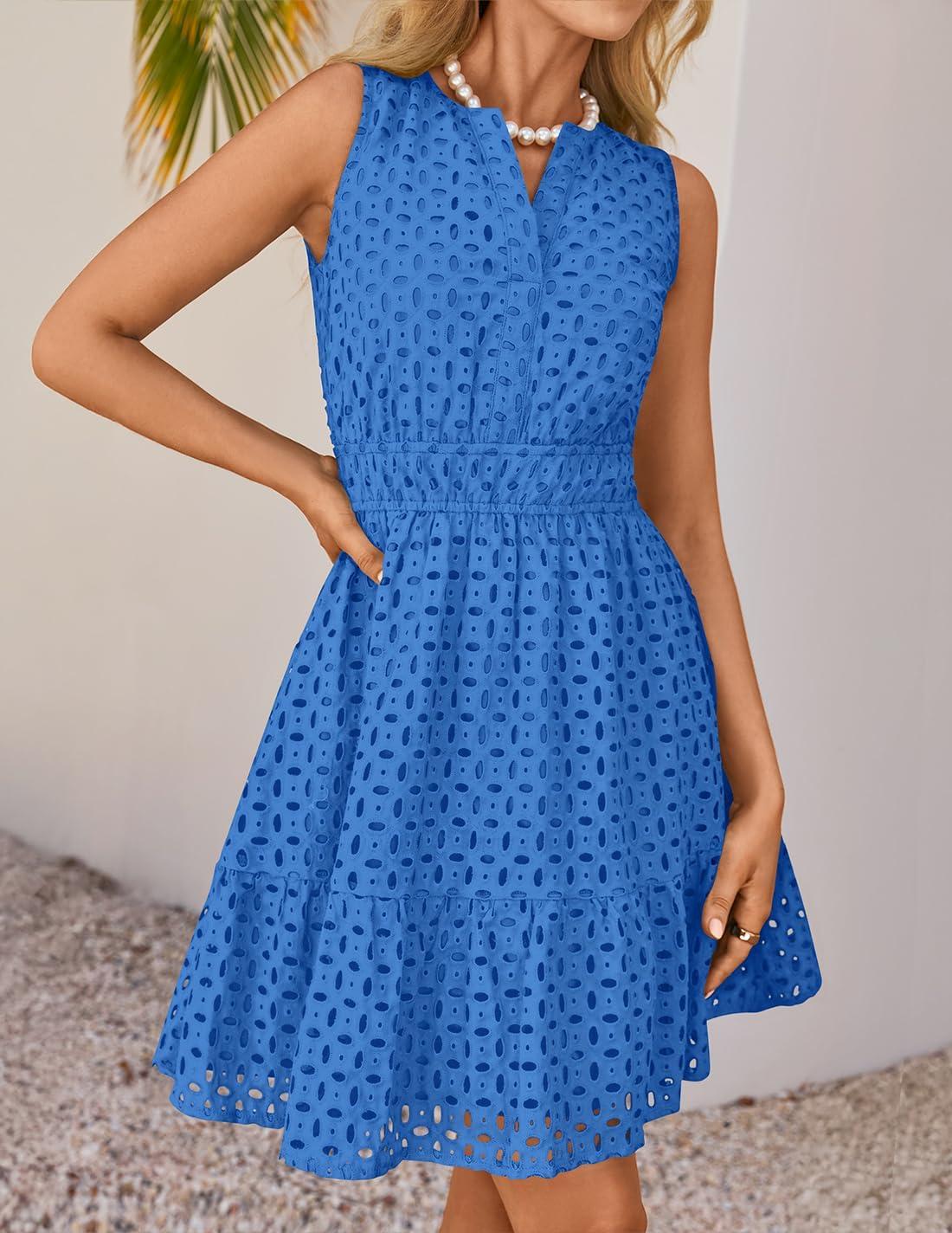 imageZESICA Womens Summer Sleeveless Mini Dress V Neck Hollow Out Eyelet Flowy A Line Beach Vacation Party Short DressesRoyal Blue