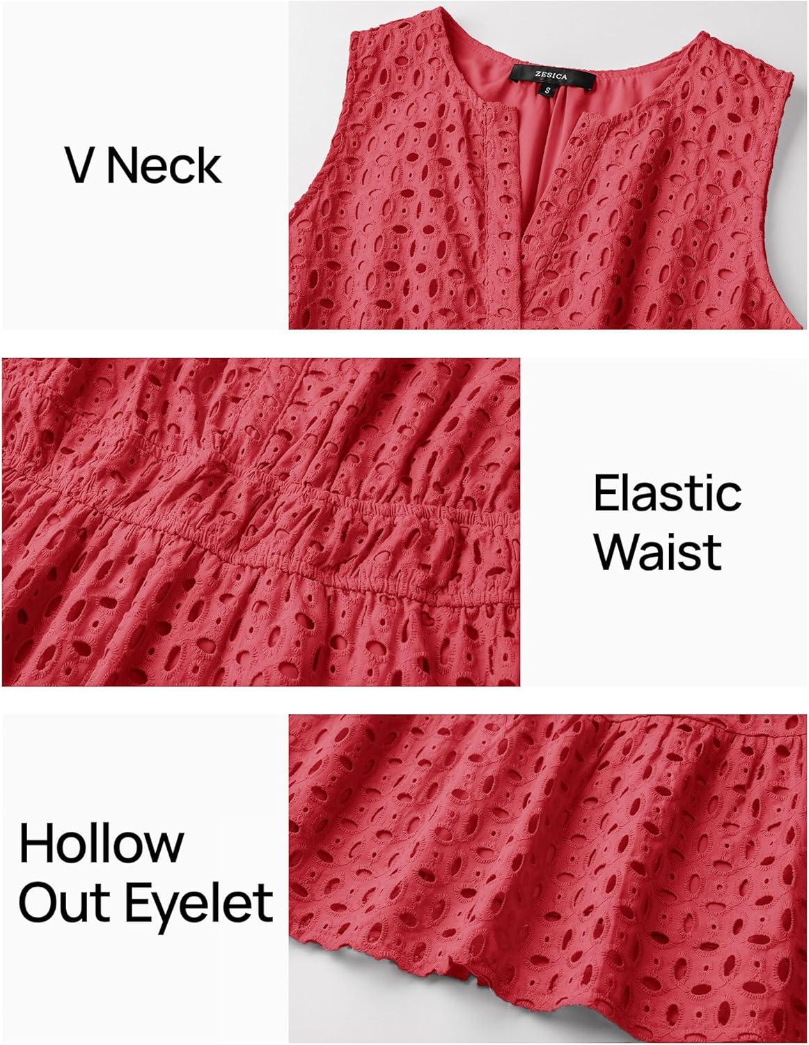 imageZESICA Womens Summer Sleeveless Mini Dress V Neck Hollow Out Eyelet Flowy A Line Beach Vacation Party Short DressesWatermelon