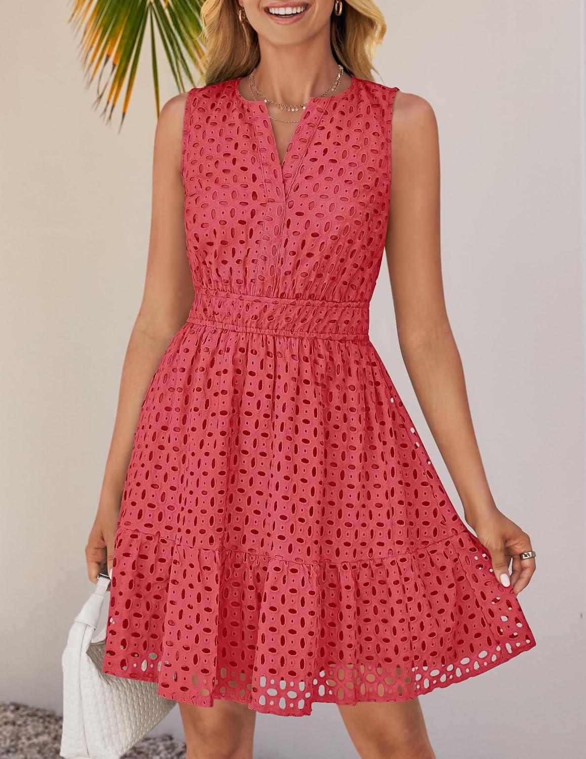 imageZESICA Womens Summer Sleeveless Mini Dress V Neck Hollow Out Eyelet Flowy A Line Beach Vacation Party Short DressesWatermelon