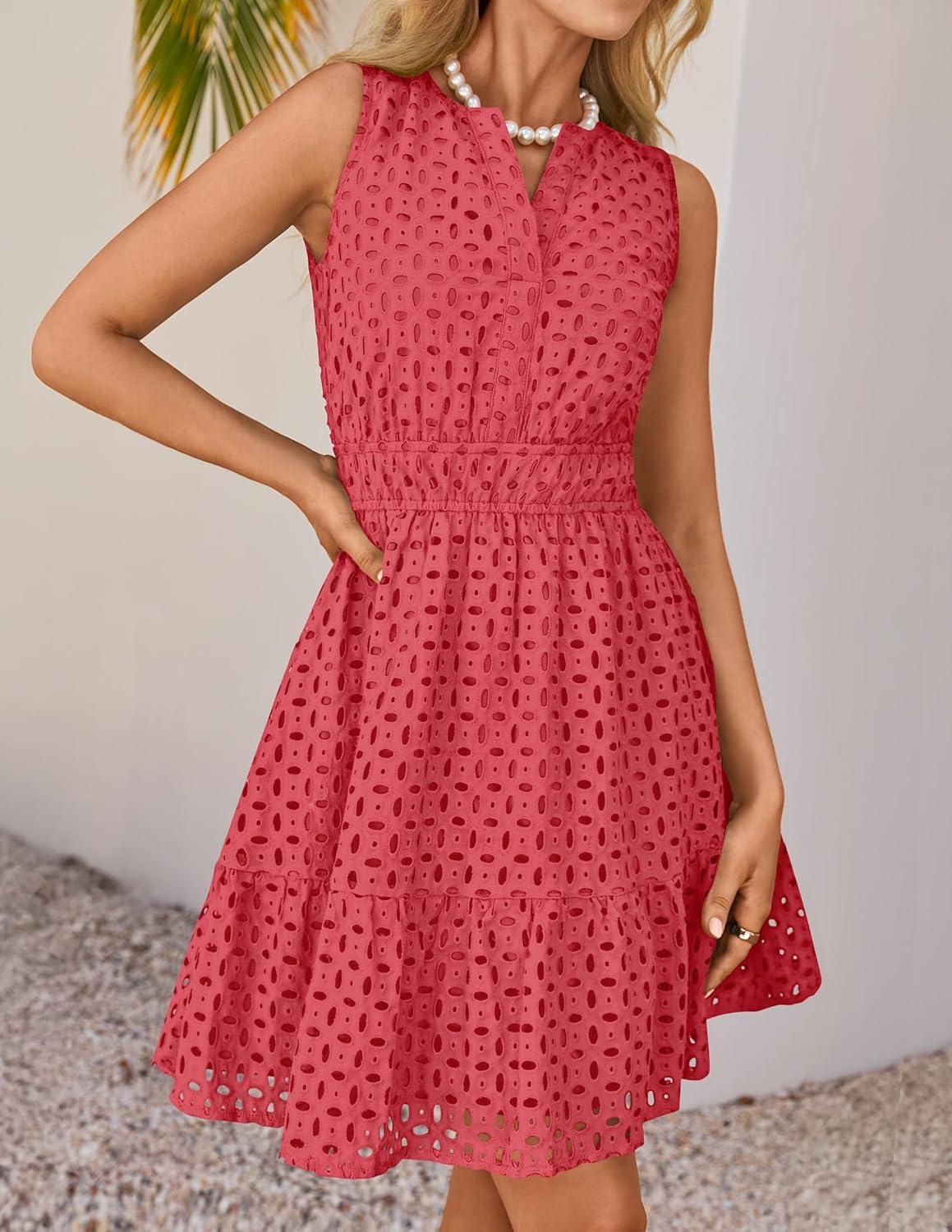 imageZESICA Womens Summer Sleeveless Mini Dress V Neck Hollow Out Eyelet Flowy A Line Beach Vacation Party Short DressesWatermelon