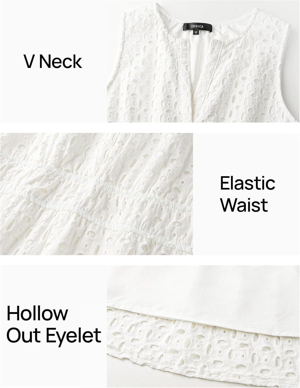 imageZESICA Womens Summer Sleeveless Mini Dress V Neck Hollow Out Eyelet Flowy A Line Beach Vacation Party Short DressesWhite