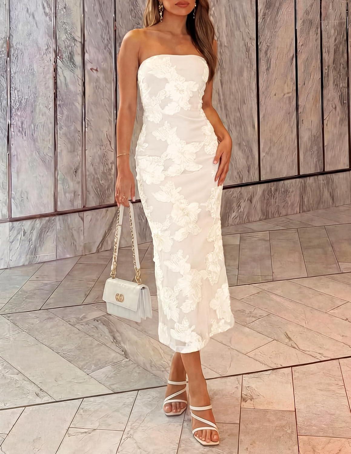 imageZESICA Womens Summer Strapless Floral Midi Dress 2026 Bodycon Mesh Tube Wedding Guest Cocktail Party Long DressesApricot