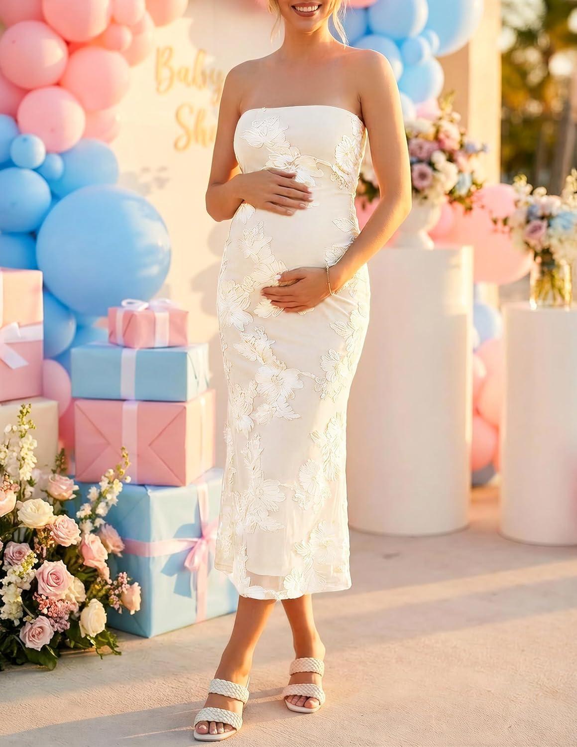 imageZESICA Womens Summer Strapless Floral Midi Dress 2026 Bodycon Mesh Tube Wedding Guest Cocktail Party Long DressesApricot