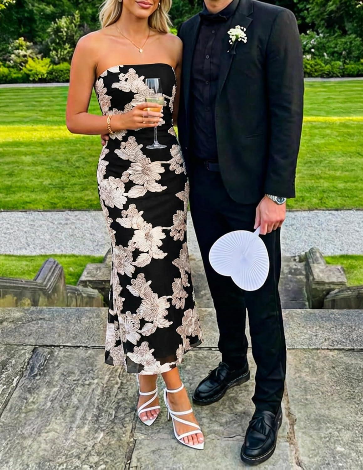 imageZESICA Womens Summer Strapless Floral Midi Dress 2026 Bodycon Mesh Tube Wedding Guest Cocktail Party Long DressesBlack