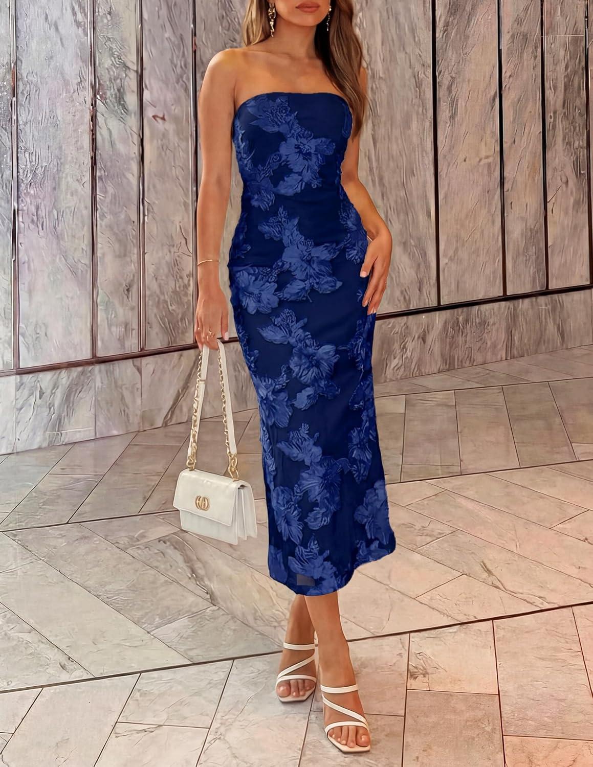 imageZESICA Womens Summer Strapless Floral Midi Dress 2026 Bodycon Mesh Tube Wedding Guest Cocktail Party Long DressesNavy