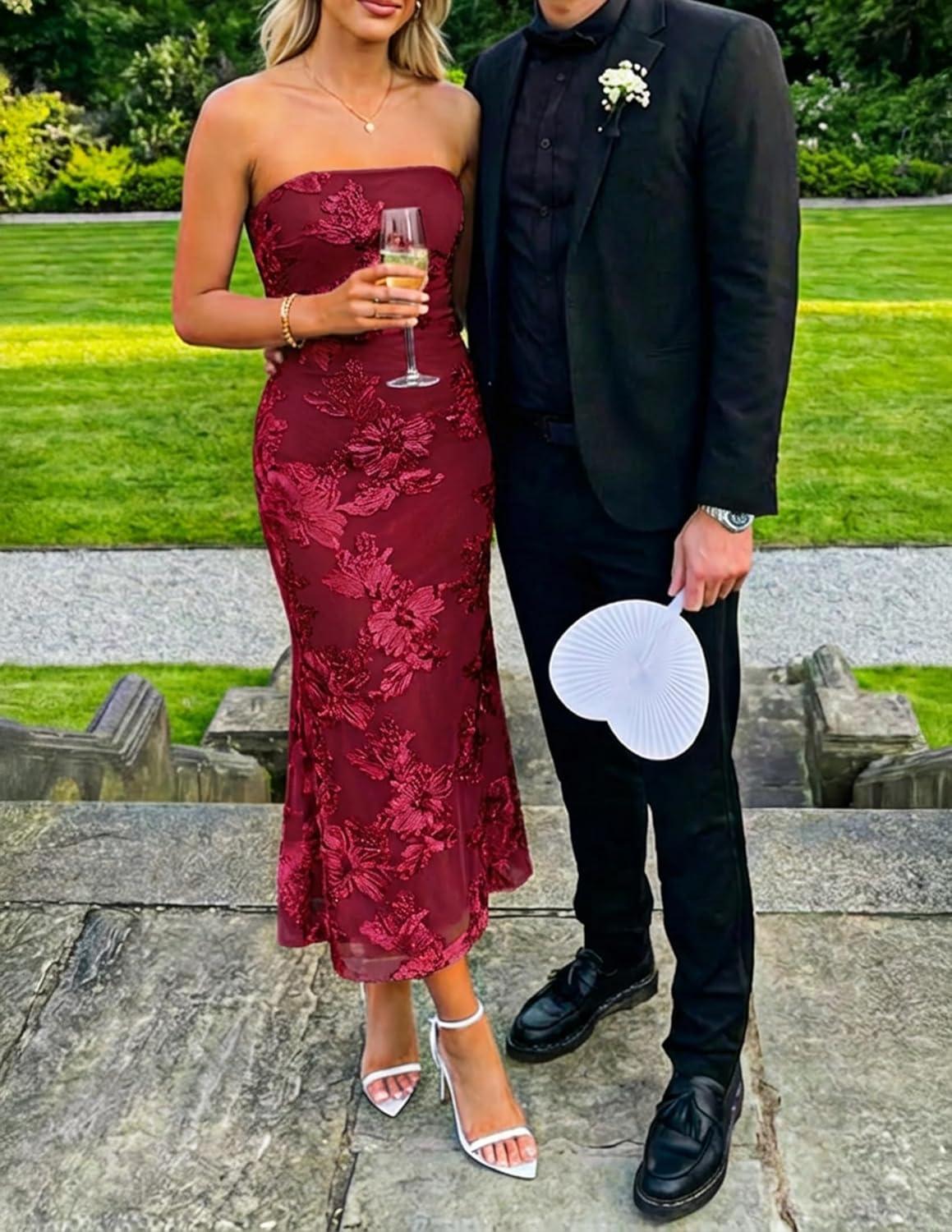 imageZESICA Womens Summer Strapless Floral Midi Dress 2026 Bodycon Mesh Tube Wedding Guest Cocktail Party Long DressesRed