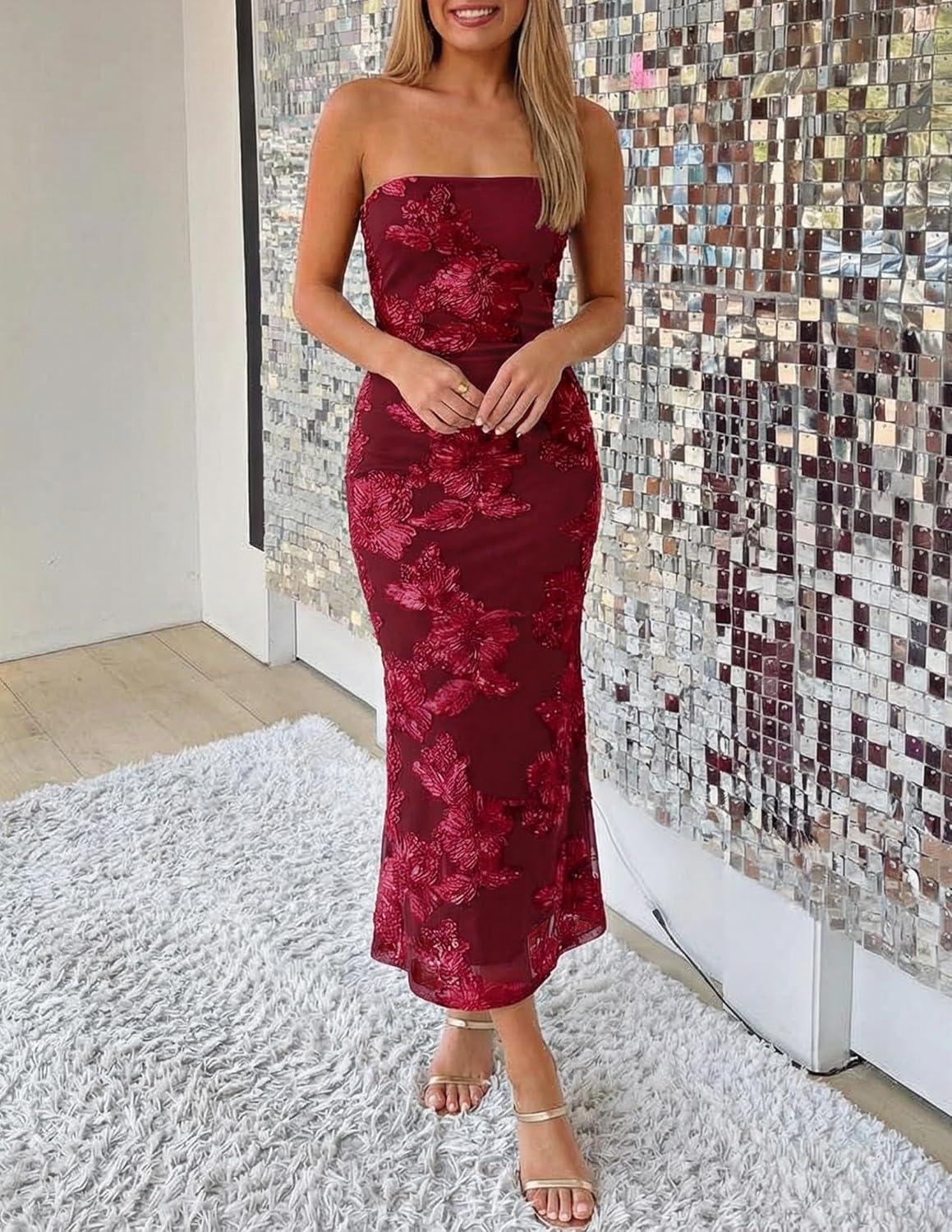 imageZESICA Womens Summer Strapless Floral Midi Dress 2026 Bodycon Mesh Tube Wedding Guest Cocktail Party Long DressesRed