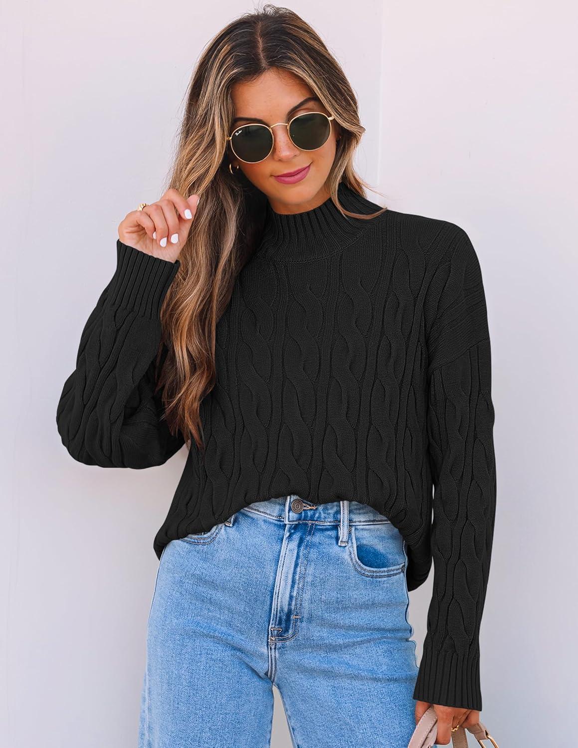 imageZESICA Womens Sweaters 2026 Fall Winter Long Sleeve Mock Neck Solid Color Casual Loose Chunky Pullover SweaterBlack