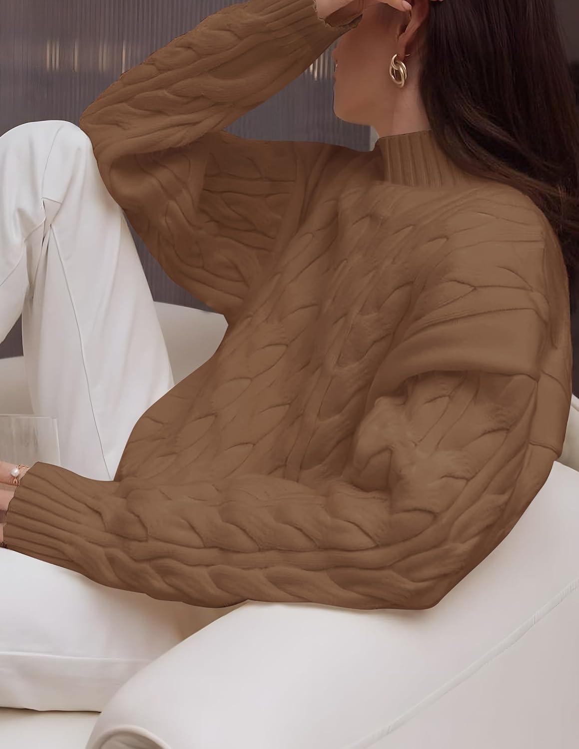 imageZESICA Womens Sweaters 2026 Fall Winter Long Sleeve Mock Neck Solid Color Casual Loose Chunky Pullover SweaterClay