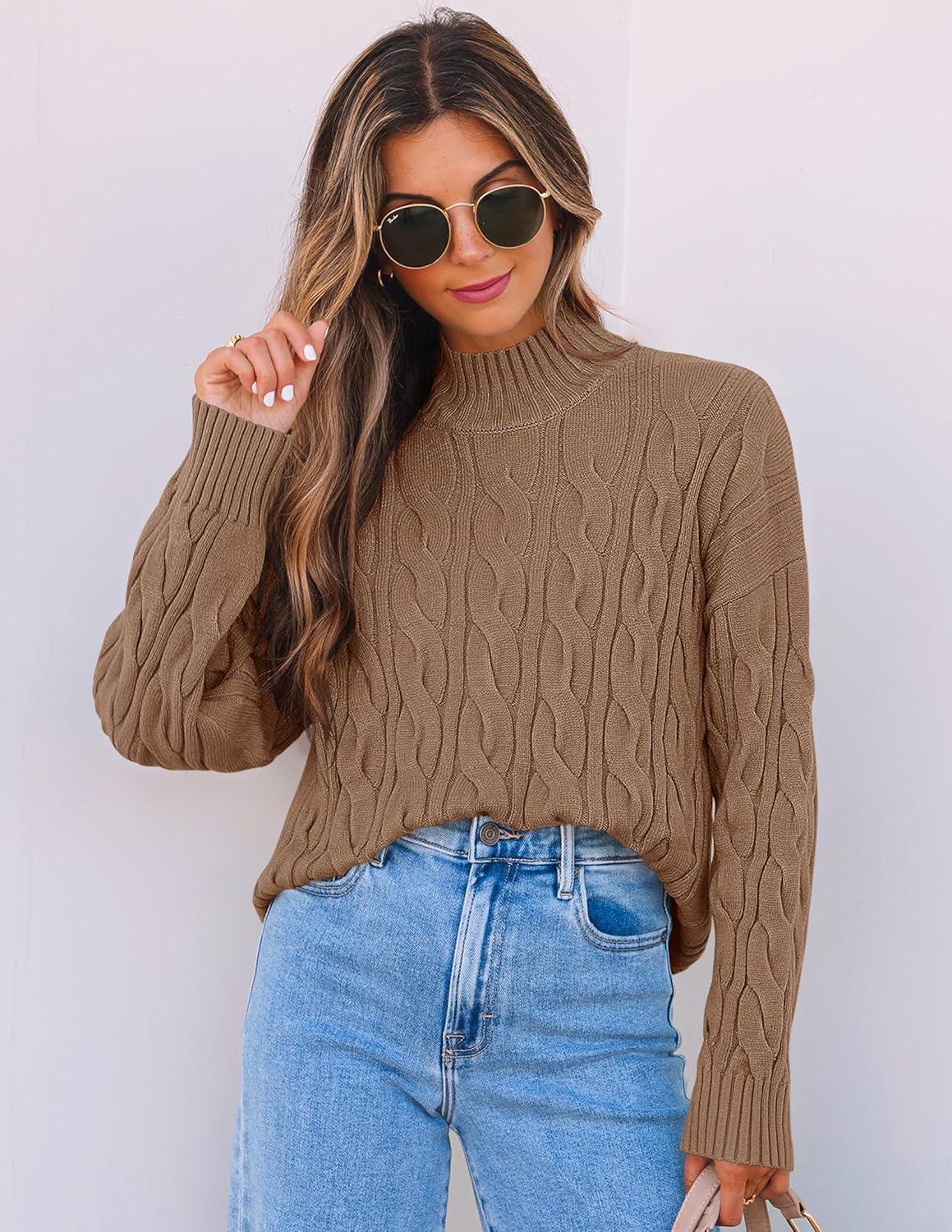 imageZESICA Womens Sweaters 2026 Fall Winter Long Sleeve Mock Neck Solid Color Casual Loose Chunky Pullover SweaterClay