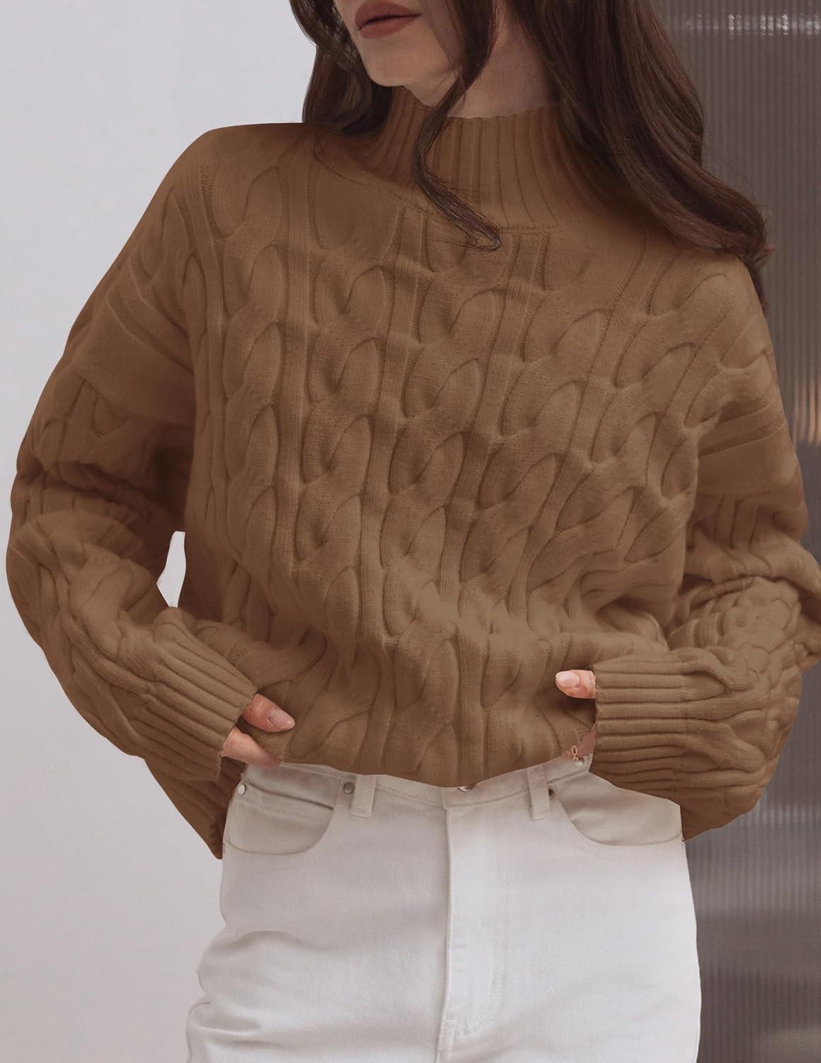 imageZESICA Womens Sweaters 2026 Fall Winter Long Sleeve Mock Neck Solid Color Casual Loose Chunky Pullover SweaterClay