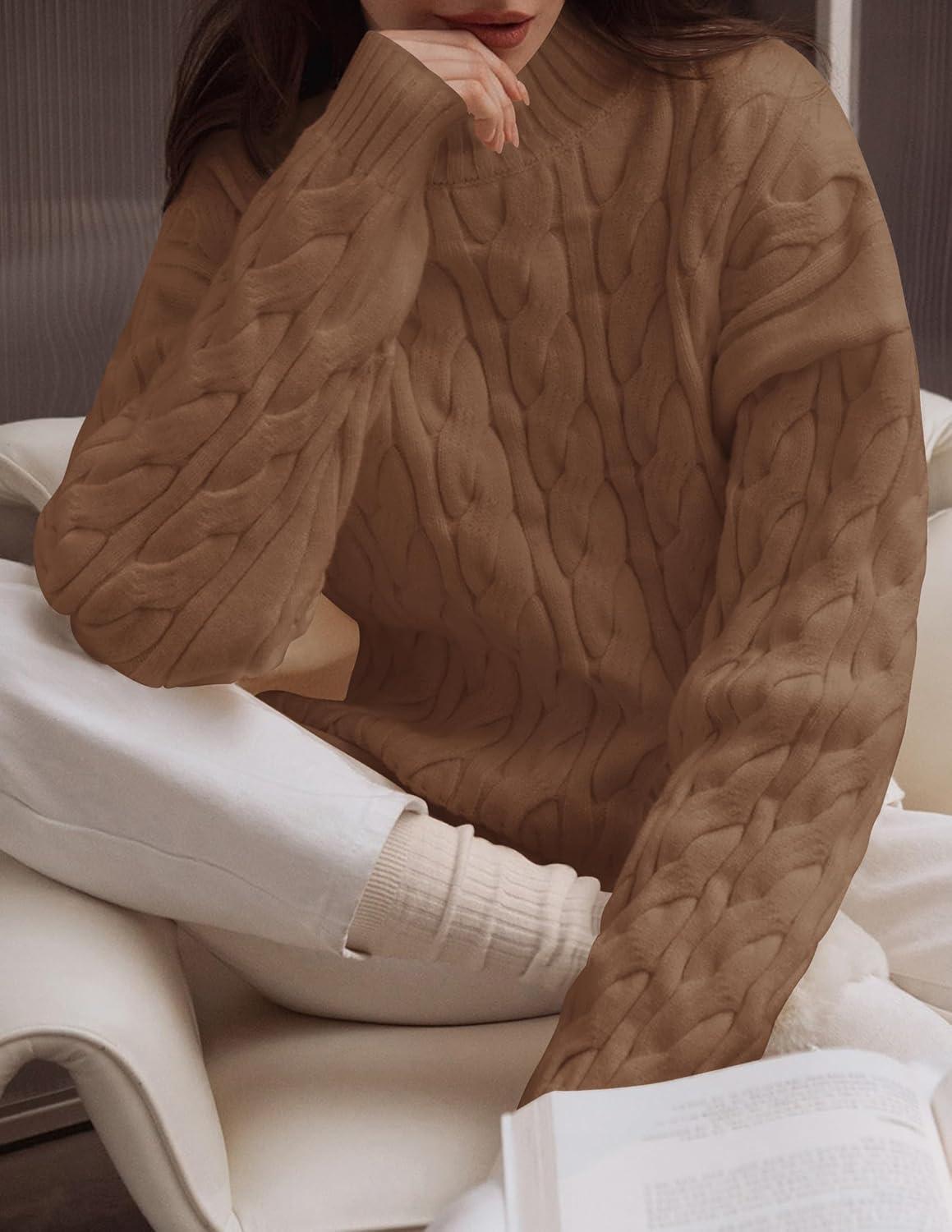 imageZESICA Womens Sweaters 2026 Fall Winter Long Sleeve Mock Neck Solid Color Casual Loose Chunky Pullover SweaterClay