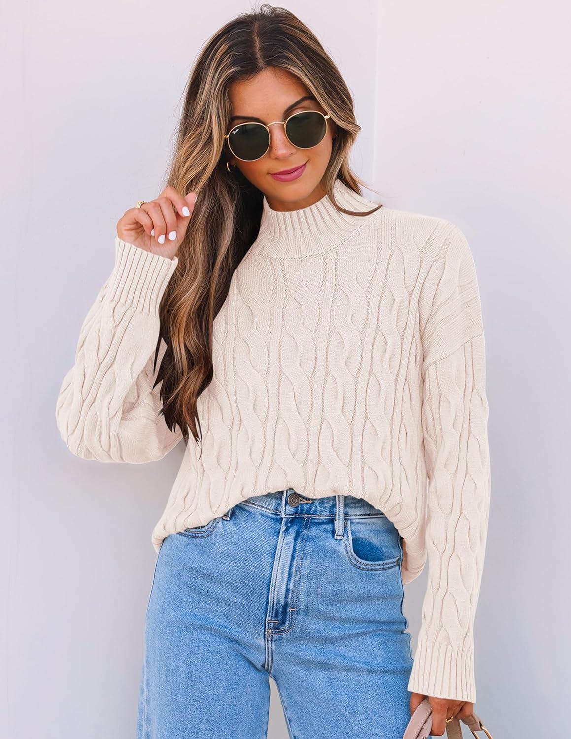 imageZESICA Womens Sweaters 2026 Fall Winter Long Sleeve Mock Neck Solid Color Casual Loose Chunky Pullover SweaterCream