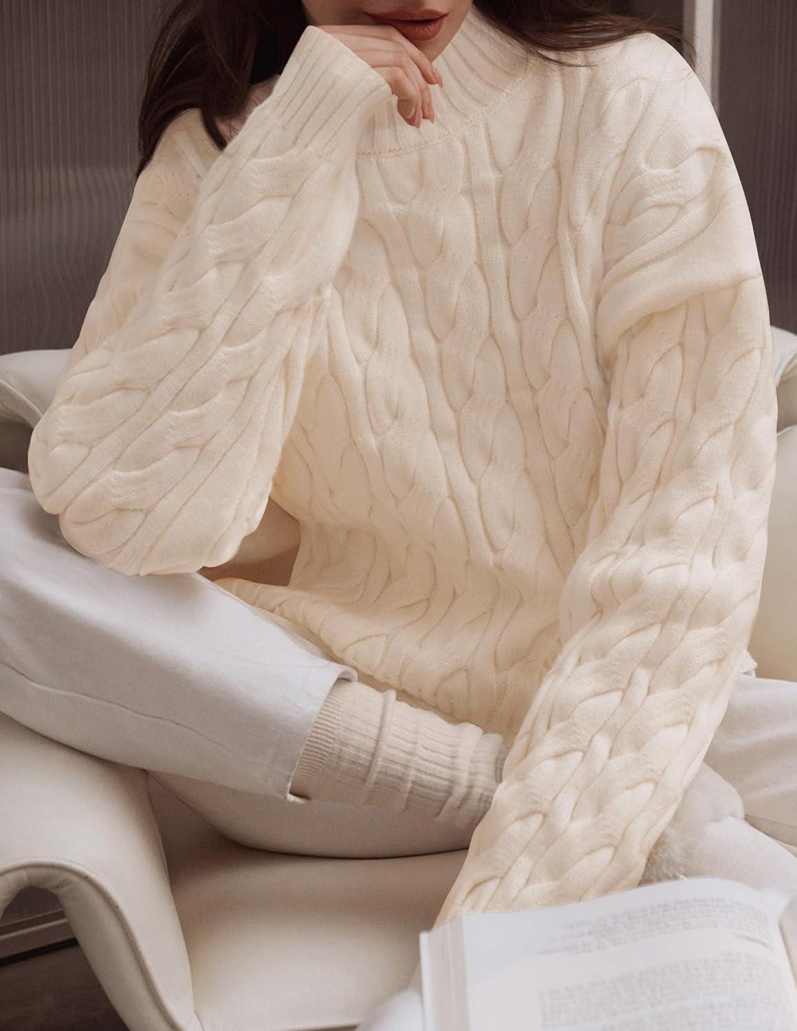 imageZESICA Womens Sweaters 2026 Fall Winter Long Sleeve Mock Neck Solid Color Casual Loose Chunky Pullover SweaterCream