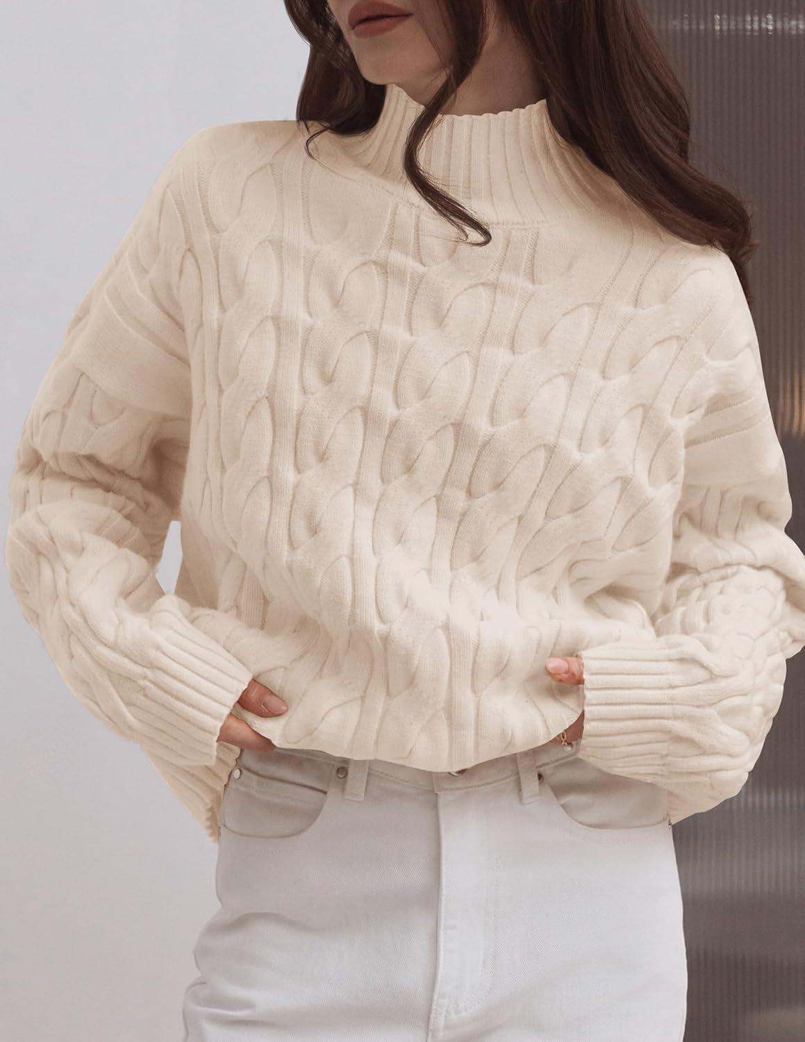 imageZESICA Womens Sweaters 2026 Fall Winter Long Sleeve Mock Neck Solid Color Casual Loose Chunky Pullover SweaterCream