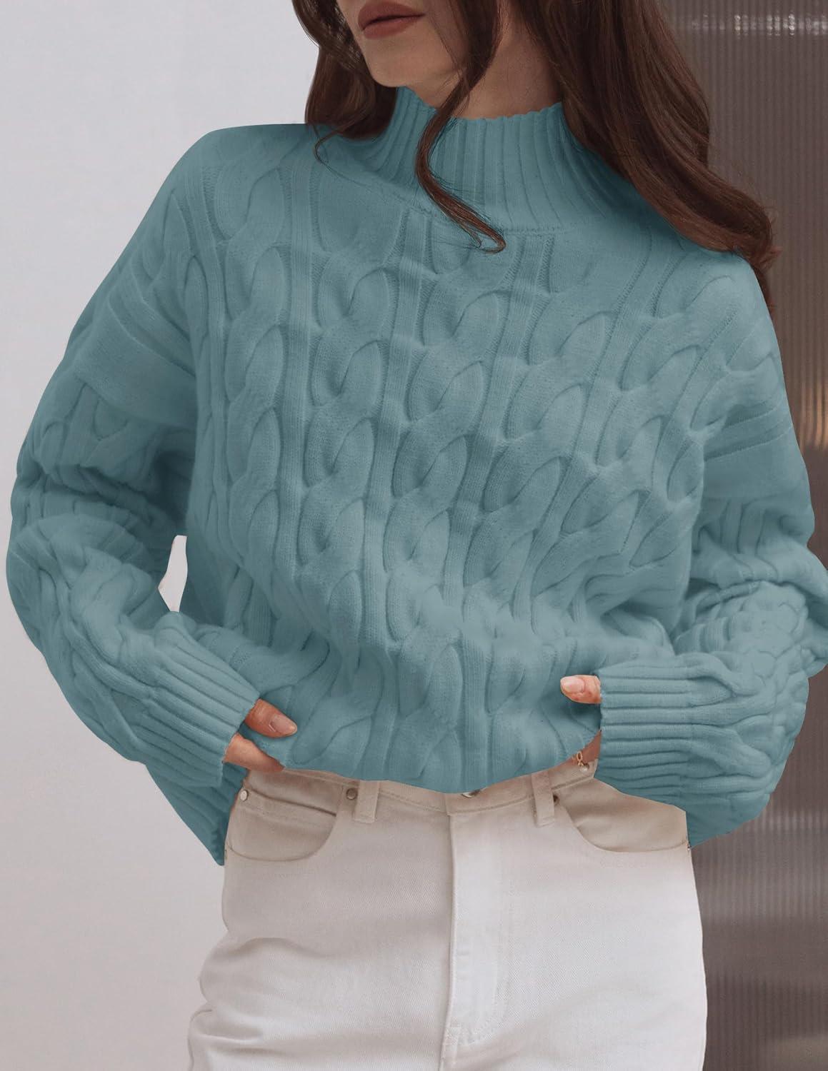 imageZESICA Womens Sweaters 2026 Fall Winter Long Sleeve Mock Neck Solid Color Casual Loose Chunky Pullover SweaterHaze Blue