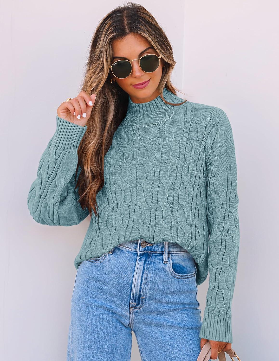 imageZESICA Womens Sweaters 2026 Fall Winter Long Sleeve Mock Neck Solid Color Casual Loose Chunky Pullover SweaterHaze Blue