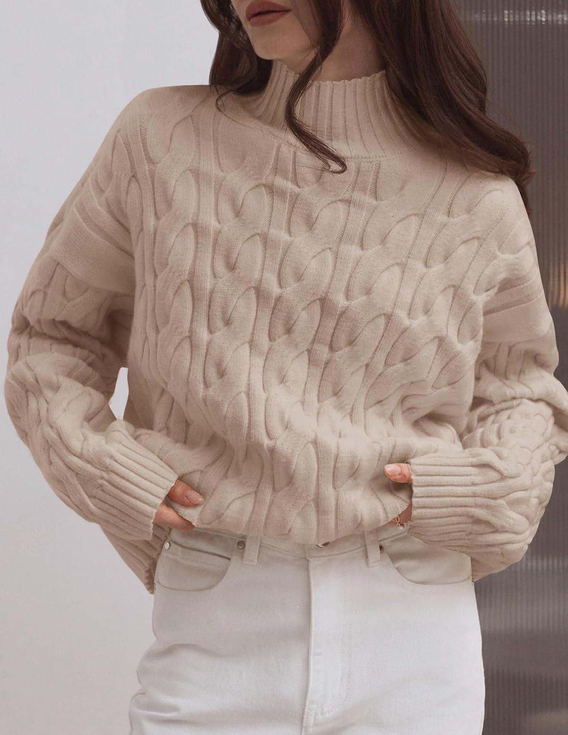 imageZESICA Womens Sweaters 2026 Fall Winter Long Sleeve Mock Neck Solid Color Casual Loose Chunky Pullover SweaterKhaki