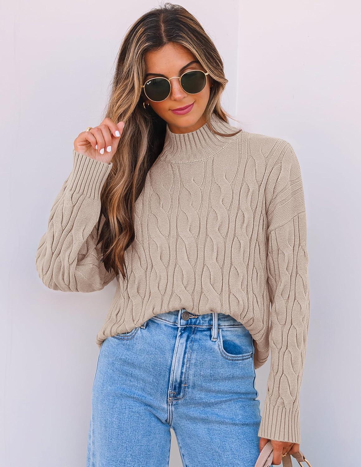 imageZESICA Womens Sweaters 2026 Fall Winter Long Sleeve Mock Neck Solid Color Casual Loose Chunky Pullover SweaterKhaki
