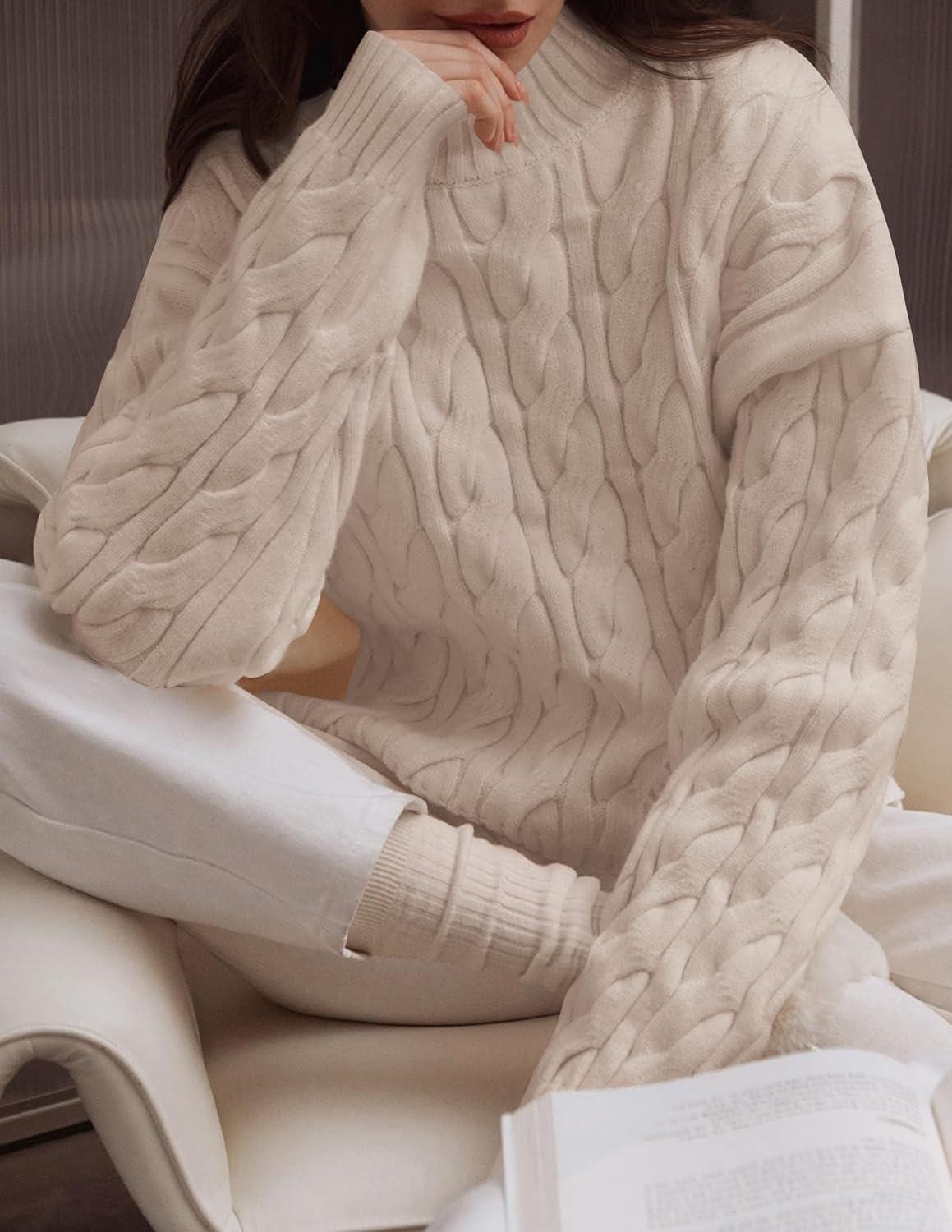 imageZESICA Womens Sweaters 2026 Fall Winter Long Sleeve Mock Neck Solid Color Casual Loose Chunky Pullover SweaterKhaki