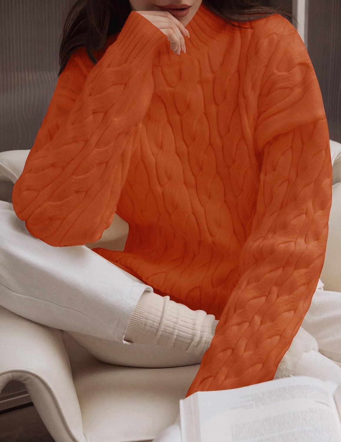 imageZESICA Womens Sweaters 2026 Fall Winter Long Sleeve Mock Neck Solid Color Casual Loose Chunky Pullover SweaterOrange