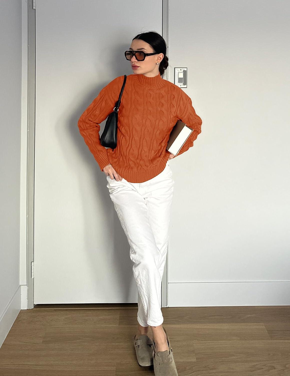 imageZESICA Womens Sweaters 2026 Fall Winter Long Sleeve Mock Neck Solid Color Casual Loose Chunky Pullover SweaterOrange