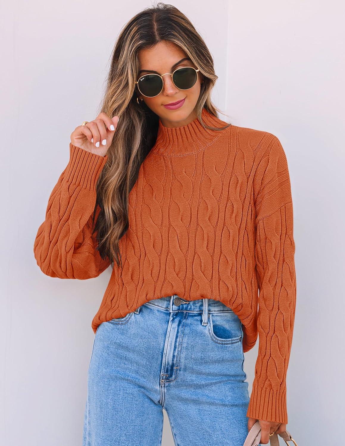 imageZESICA Womens Sweaters 2026 Fall Winter Long Sleeve Mock Neck Solid Color Casual Loose Chunky Pullover SweaterOrange