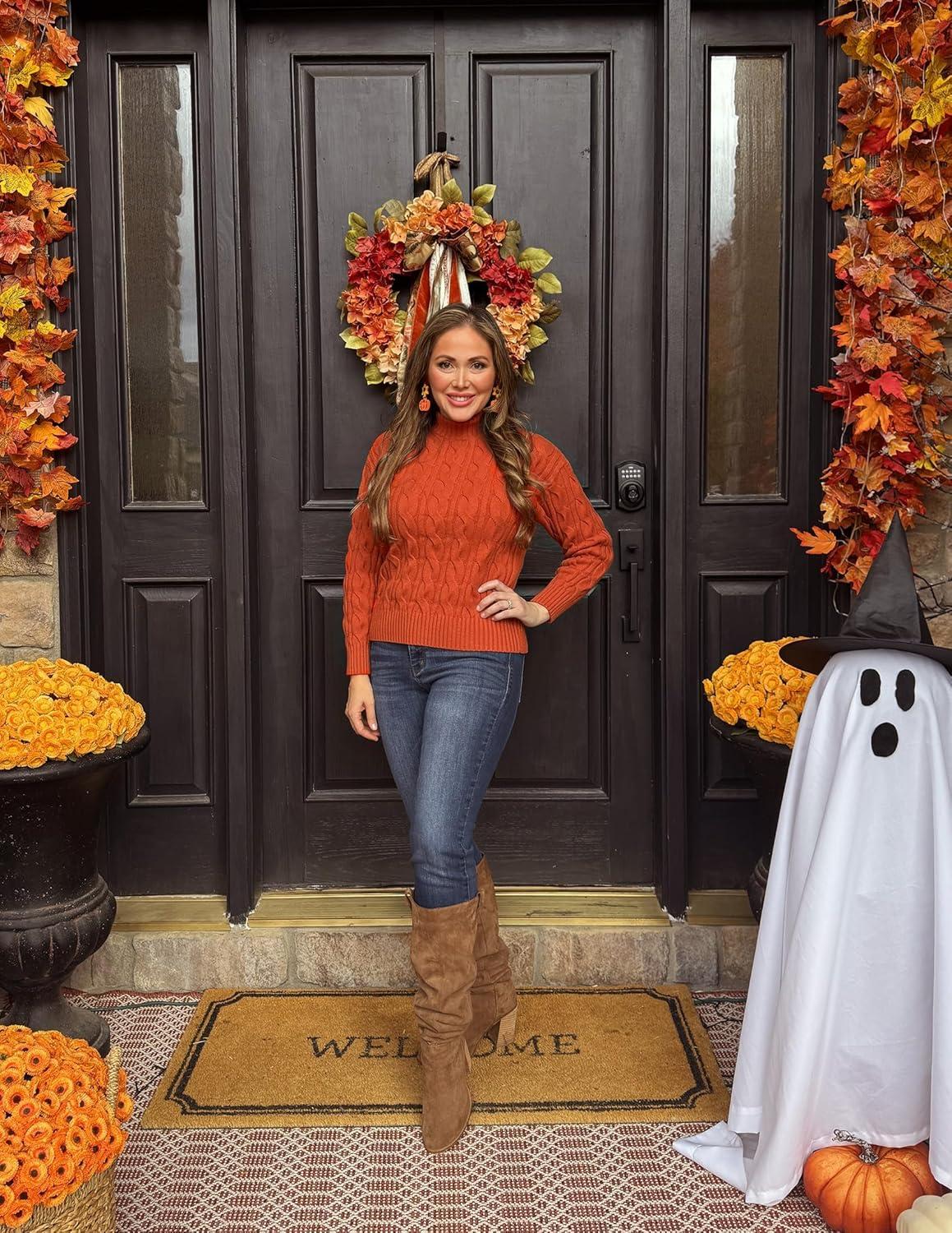 imageZESICA Womens Sweaters 2026 Fall Winter Long Sleeve Mock Neck Solid Color Casual Loose Chunky Pullover SweaterOrange