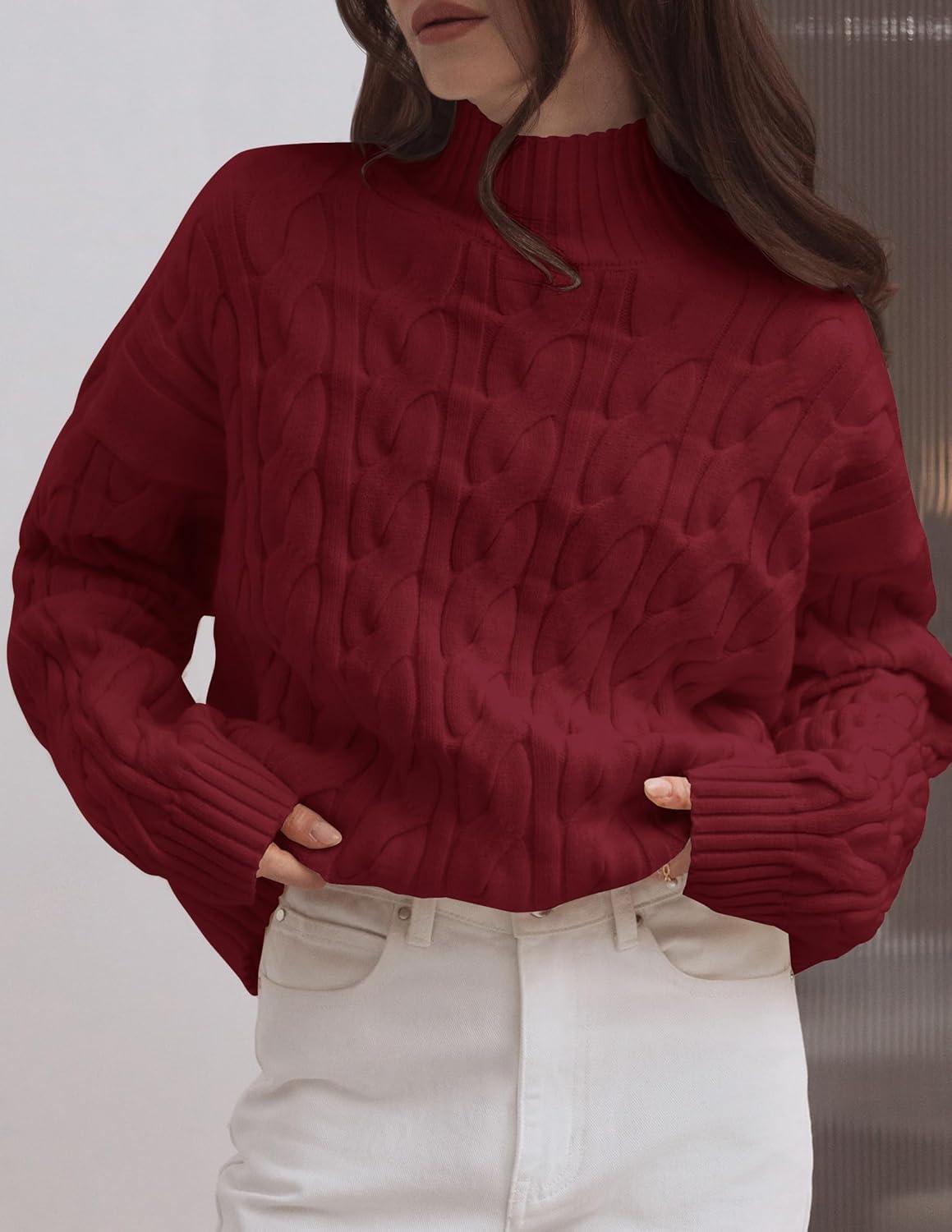imageZESICA Womens Sweaters 2026 Fall Winter Long Sleeve Mock Neck Solid Color Casual Loose Chunky Pullover SweaterRed