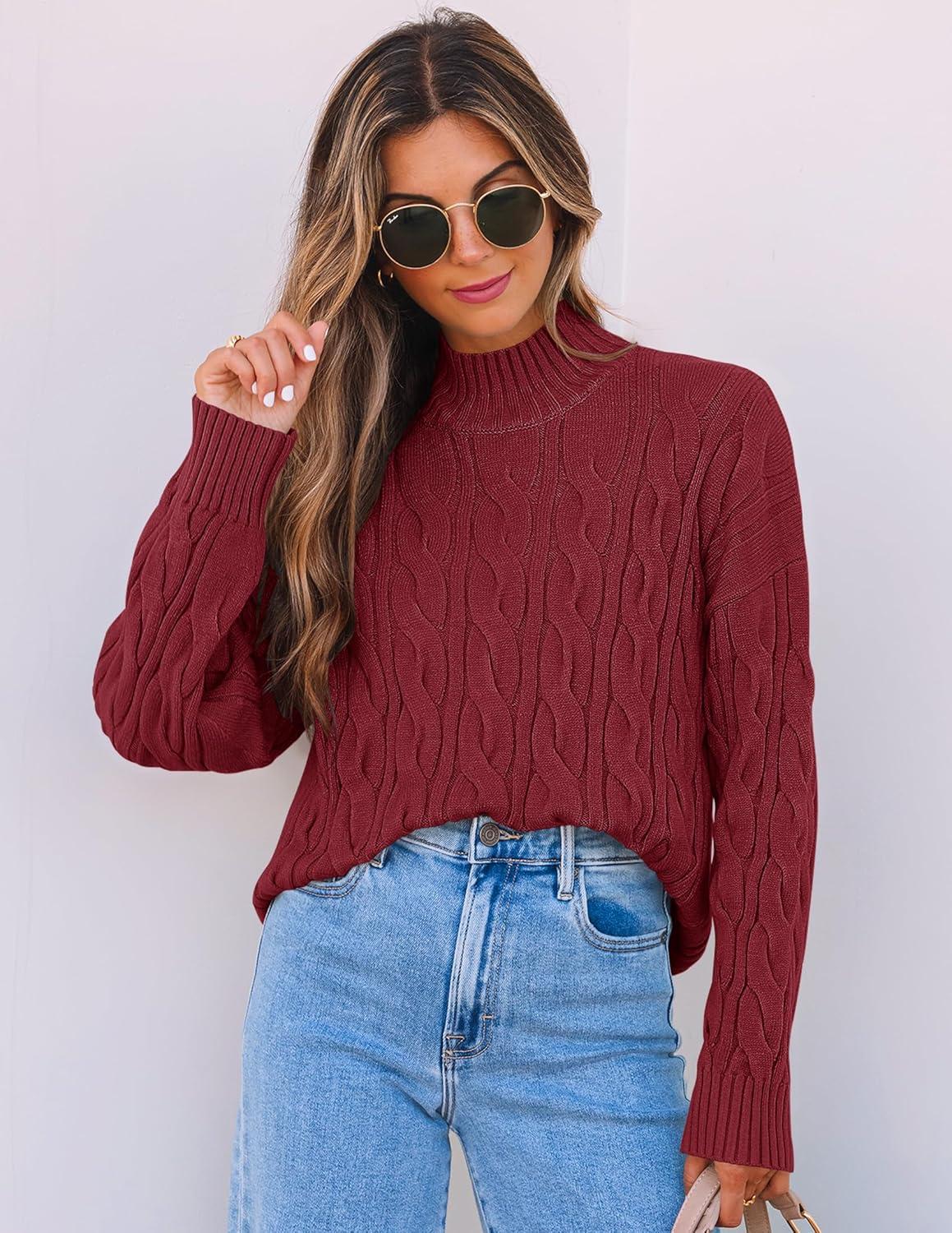 imageZESICA Womens Sweaters 2026 Fall Winter Long Sleeve Mock Neck Solid Color Casual Loose Chunky Pullover SweaterRed