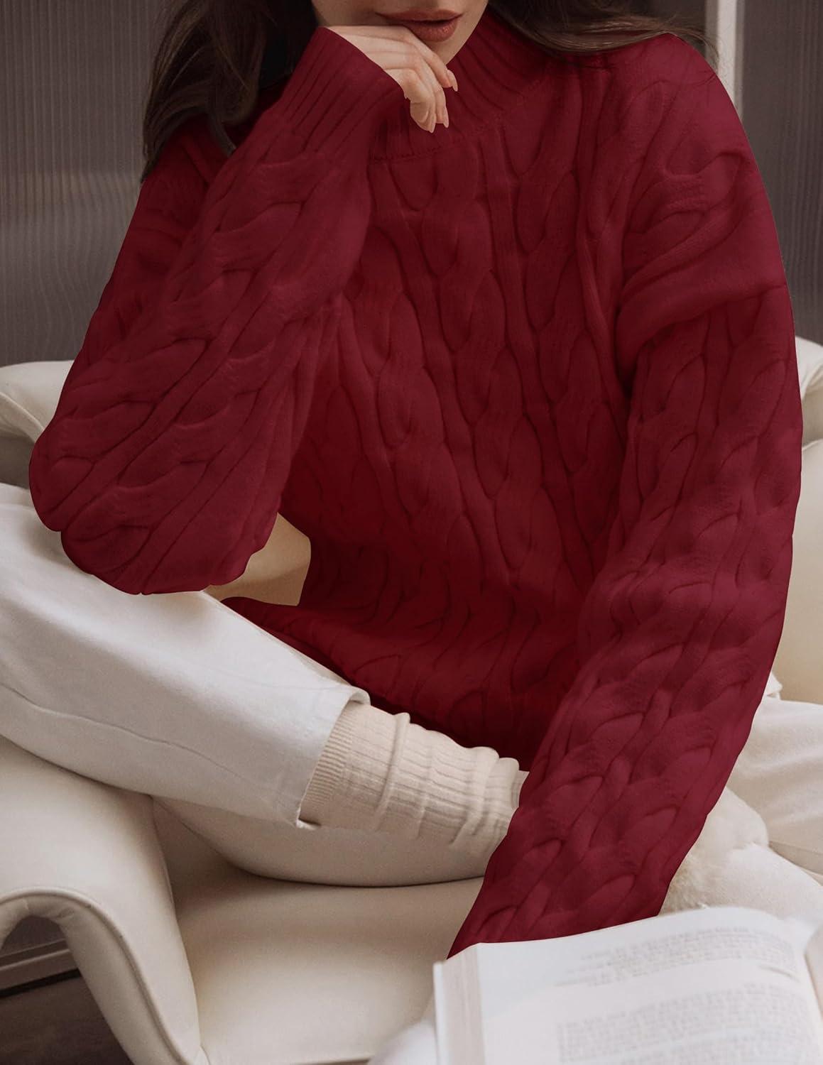 imageZESICA Womens Sweaters 2026 Fall Winter Long Sleeve Mock Neck Solid Color Casual Loose Chunky Pullover SweaterRed