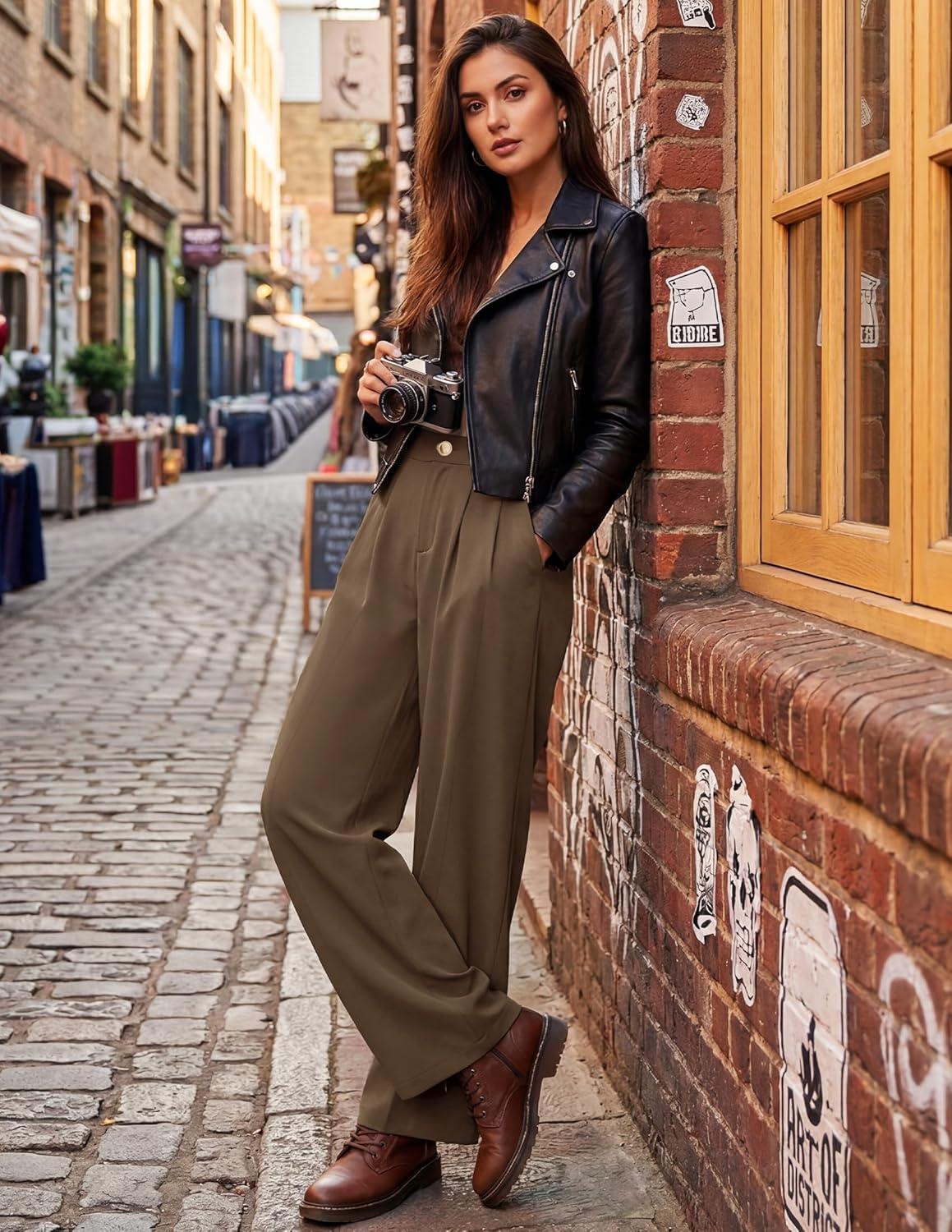 imageZESICA Womens Wide Leg Dress Pants 2026 High Waisted Business Casual Palazzo Pants Work Office Slacks TrousersCoffee
